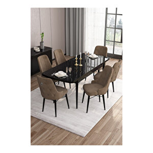 Are Serisi, 80x132 Mdf Açılabilir Siyah Mermer Desen Masa Takımı, 6 Sandalye Gümüş Halkalı Kahverengi