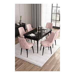 Are Serisi, 80x132 Mdf Açılabilir Siyah Mermer Desen Masa Takımı, 6 Sandalye Gümüş Halkalı Pembe