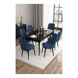 Are Serisi, 80x132 Mdf Açılabilir Siyah Mermer Desen Masa Takımı, 6 Sandalye Gümüş Halkalı Lacivert