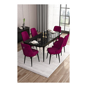 Are Serisi, 80x132 Mdf Açılabilir Siyah Mermer Desen Masa Takımı, 6 Sandalye Gümüş Halkalı Mürdüm
