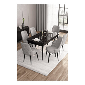 Are Serisi, 80x132 Mdf Açılabilir Siyah Mermer Desen Masa Takımı, 6 Sandalye Gümüş Halkalı Gri