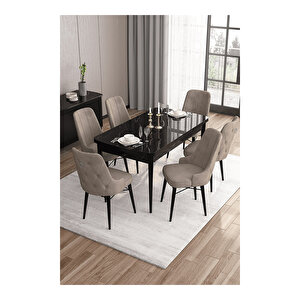 Are Serisi, 80x132 Mdf Açılabilir Siyah Mermer Desen Masa Takımı, 6 Sandalye Gümüş Halkalı Cappucino