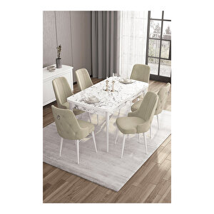 Are Serisi, 80x132 Mdf Açılabilir Beyaz Mermer Desen Masa Takımı, 6 Sandalye Gümüş Halkalı Krem