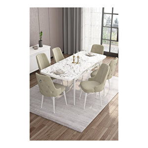 Are Serisi, 80x132 Mdf Açılabilir Beyaz Mermer Desen Masa Takımı, 6 Sandalye Gümüş Halkalı Krem