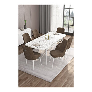 Are Serisi, 80x132 Mdf Açılabilir Beyaz Mermer Desen Masa Takımı, 6 Sandalye Gümüş Halkalı Kahverengi