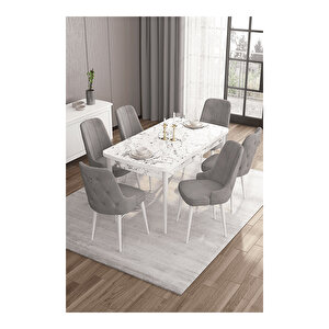 Are Serisi, 80x132 Mdf Açılabilir Beyaz Mermer Desen Masa Takımı, 6 Sandalye Gümüş Halkalı Gri