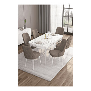 Are Serisi, 80x132 Mdf Açılabilir Beyaz Mermer Desen Masa Takımı, 6 Sandalye Gümüş Halkalı Cappucino