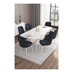 Are Serisi, 80x132 Mdf Açılabilir Beyaz Masa Takımı, 6 Sandalye Gümüş Halkalı Antrasit