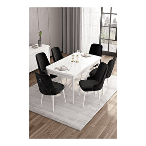 Are Serisi, 80x132 Mdf Açılabilir Beyaz Masa Takımı, 6 Sandalye Gümüş Halkalı Siyah