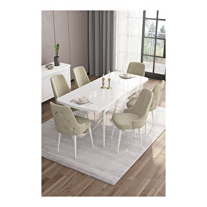 Are Serisi, 80x132 Mdf Açılabilir Beyaz Masa Takımı, 6 Sandalye Gümüş Halkalı Krem