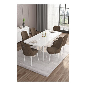 Are Serisi, 80x132 Mdf Açılabilir Beyaz Masa Takımı, 6 Sandalye Gümüş Halkalı Kahverengi