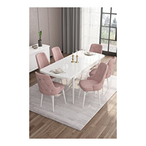 Are Serisi, 80x132 Mdf Açılabilir Beyaz Masa Takımı, 6 Sandalye Gümüş Halkalı Pembe