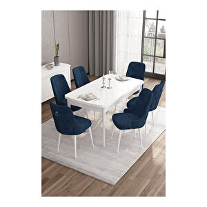 Are Serisi, 80x132 Mdf Açılabilir Beyaz Masa Takımı, 6 Sandalye Gümüş Halkalı Lacivert