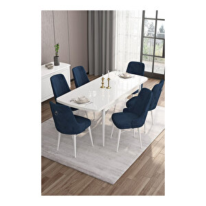 Are Serisi, 80x132 Mdf Açılabilir Beyaz Masa Takımı, 6 Sandalye Gümüş Halkalı Lacivert