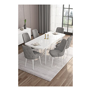 Are Serisi, 80x132 Mdf Açılabilir Beyaz Masa Takımı, 6 Sandalye Gümüş Halkalı Gri