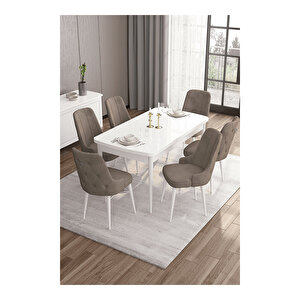 Are Serisi, 80x132 Mdf Açılabilir Beyaz Masa Takımı, 6 Sandalye Gümüş Halkalı Cappucino