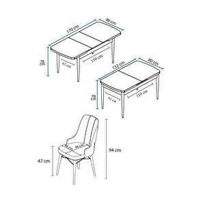 Are Serisi, 80x132 Mdf Açılabilir Beyaz Masa Takımı, 6 Sandalye Gümüş Halkalı
