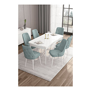 Are Serisi, 80x132 Mdf Açılabilir Beyaz Masa Takımı, 6 Sandalye Gümüş Halkalı Su Yeşili