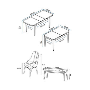 Are Serisi, Mdf 80x132 Açılabilir Barok Ahşap Desen Mutfak Masa Takımı, 4 Sandalye Gümüş Halkalı Ve 1 Bench