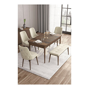 Are Serisi, Mdf 80x132 Açılabilir Barok Ahşap Desen Mutfak Masa Takımı, 4 Sandalye Gümüş Halkalı Ve 1 Bench Krem