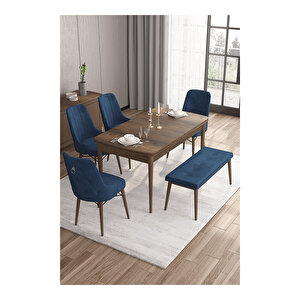 Are Serisi, Mdf 80x132 Açılabilir Barok Ahşap Desen Mutfak Masa Takımı, 4 Sandalye Gümüş Halkalı Ve 1 Bench Lacivert