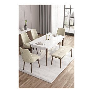 Are Serisi,beyaz Masa Ceviz Ayak Mdf 80x132 Açılabilir Yemek Odası Takımı,4 Sandalye Gümüş Halkalı Ve 1 Bench Krem