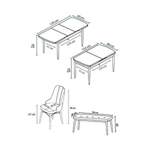 Are Serisi,beyaz Masa Ceviz Ayak Mdf 80x132 Açılabilir Yemek Odası Takımı,4 Sandalye Gümüş Halkalı Ve 1 Bench