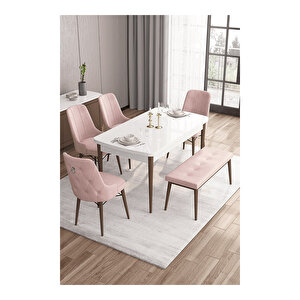 Are Serisi,beyaz Masa Ceviz Ayak Mdf 80x132 Açılabilir Yemek Odası Takımı,4 Sandalye Gümüş Halkalı Ve 1 Bench Pembe