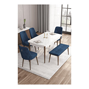 Are Serisi,beyaz Masa Ceviz Ayak Mdf 80x132 Açılabilir Yemek Odası Takımı,4 Sandalye Gümüş Halkalı Ve 1 Bench Lacivert