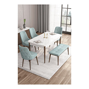 Are Serisi,beyaz Masa Ceviz Ayak Mdf 80x132 Açılabilir Yemek Odası Takımı,4 Sandalye Gümüş Halkalı Ve 1 Bench Su Yeşili