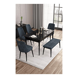 Are Serisi, 80x132 Mdf Açılabilir Siyah Mermer Desen Masa Takımı, 4 Sandalye Gümüş Halkalı Ve 1 Bench Antrasit