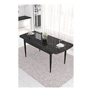 Are Serisi, 80x132 Mdf Açılabilir Siyah Mermer Desen Masa Takımı, 4 Sandalye Gümüş Halkalı Ve 1 Bench Antrasit