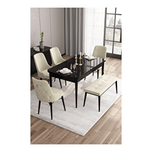 Are Serisi, 80x132 Mdf Açılabilir Siyah Mermer Desen Masa Takımı, 4 Sandalye Gümüş Halkalı Ve 1 Bench Krem