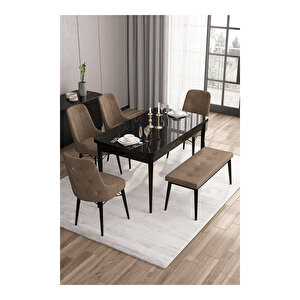 Are Serisi, 80x132 Mdf Açılabilir Siyah Mermer Desen Masa Takımı, 4 Sandalye Gümüş Halkalı Ve 1 Bench Kahverengi
