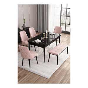 Are Serisi, 80x132 Mdf Açılabilir Siyah Mermer Desen Masa Takımı, 4 Sandalye Gümüş Halkalı Ve 1 Bench Pembe