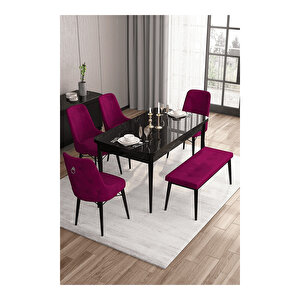 Are Serisi, 80x132 Mdf Açılabilir Siyah Mermer Desen Masa Takımı, 4 Sandalye Gümüş Halkalı Ve 1 Bench Mürdüm