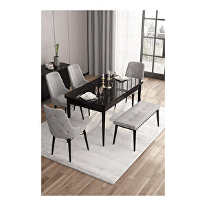 Are Serisi, 80x132 Mdf Açılabilir Siyah Mermer Desen Masa Takımı, 4 Sandalye Gümüş Halkalı Ve 1 Bench Gri