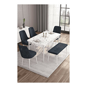 Are Serisi, 80x132 Mdf Açılabilir Beyaz Mermer Desen Masa Takımı, 4 Sandalye Gümüş Halkalı Ve 1 Bench Antrasit
