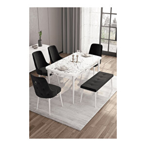 Are Serisi, 80x132 Mdf Açılabilir Beyaz Mermer Desen Masa Takımı, 4 Sandalye Gümüş Halkalı Ve 1 Bench Siyah