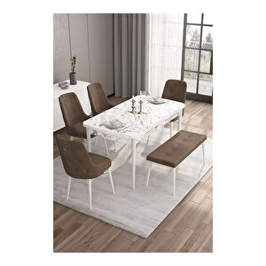 Are Serisi, 80x132 Mdf Açılabilir Beyaz Mermer Desen Masa Takımı, 4 Sandalye Gümüş Halkalı Ve 1 Bench Kahverengi
