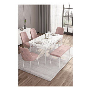 Are Serisi, 80x132 Mdf Açılabilir Beyaz Mermer Desen Masa Takımı, 4 Sandalye Gümüş Halkalı Ve 1 Bench Pembe