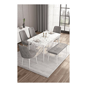 Are Serisi, 80x132 Mdf Açılabilir Beyaz Mermer Desen Masa Takımı, 4 Sandalye Gümüş Halkalı Ve 1 Bench Gri