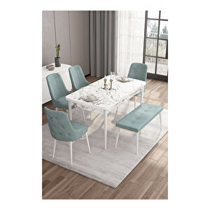 Are Serisi, 80x132 Mdf Açılabilir Beyaz Mermer Desen Masa Takımı, 4 Sandalye Gümüş Halkalı Ve 1 Bench Su Yeşili