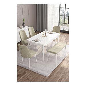 Are Serisi, 80x132 Mdf Açılabilir Beyaz Masa Takımı, 4 Sandalye Gümüş Halkalı Ve 1 Bench Krem