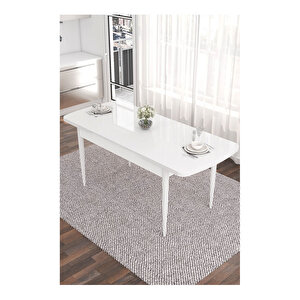 Are Serisi, 80x132 Mdf Açılabilir Beyaz Masa Takımı, 4 Sandalye Gümüş Halkalı Ve 1 Bench Krem
