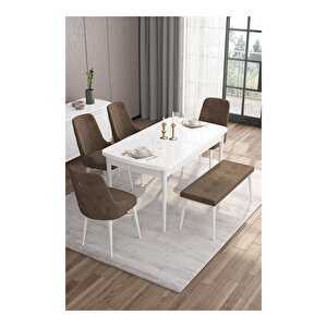 Are Serisi, 80x132 Mdf Açılabilir Beyaz Masa Takımı, 4 Sandalye Gümüş Halkalı Ve 1 Bench Kahverengi
