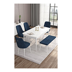 Are Serisi, 80x132 Mdf Açılabilir Beyaz Masa Takımı, 4 Sandalye Gümüş Halkalı Ve 1 Bench Lacivert