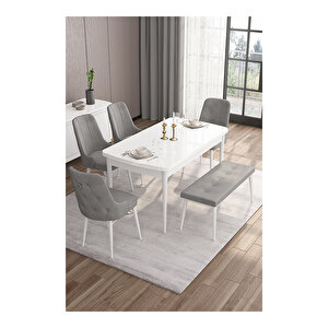 Are Serisi, 80x132 Mdf Açılabilir Beyaz Masa Takımı, 4 Sandalye Gümüş Halkalı Ve 1 Bench Gri
