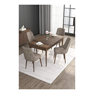 Noa Serisi, Mdf 80x132 Açılabilir Barok Ahşap Desen Mutfak Masa Takımı, 4 Sandalye Gold Halkalı Cappucino
