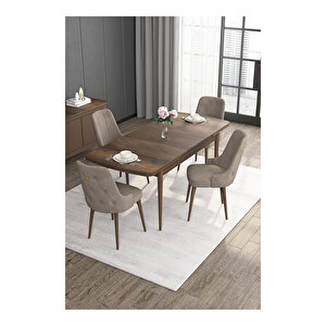 Noa Serisi, Mdf 80x132 Açılabilir Barok Ahşap Desen Mutfak Masa Takımı, 4 Sandalye Gold Halkalı Cappucino